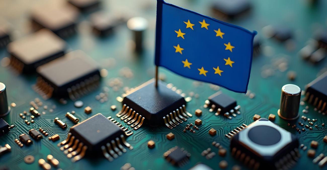 Computerchips auf einer Platine. Darauf weht eine kleine EU-Flagge, die für digitale Souveränität in der EU steht.