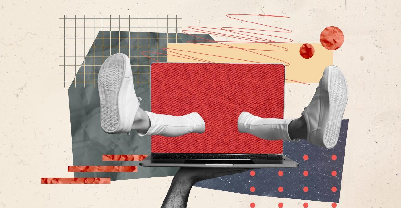 Eine avantgardistische Zeichnung: Im Hintergund undefinierbare Symbole. Ein Mann wird in den roten Bildschirm seines Notebooks gezogen. Nur seine Beine schauen noch heraus. Ein Symbolbild für einen Supply-Chain-Angriff auf Open Source.