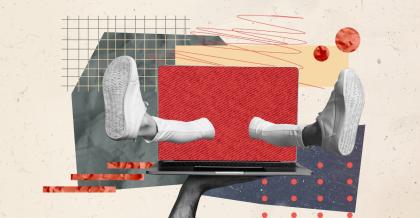 Eine avantgardistische Zeichnung: Im Hintergund undefinierbare Symbole. Ein Mann wird in den roten Bildschirm seines Notebooks gezogen. Nur seine Beine schauen noch heraus. Ein Symbolbild für einen Supply-Chain-Angriff auf Open Source.