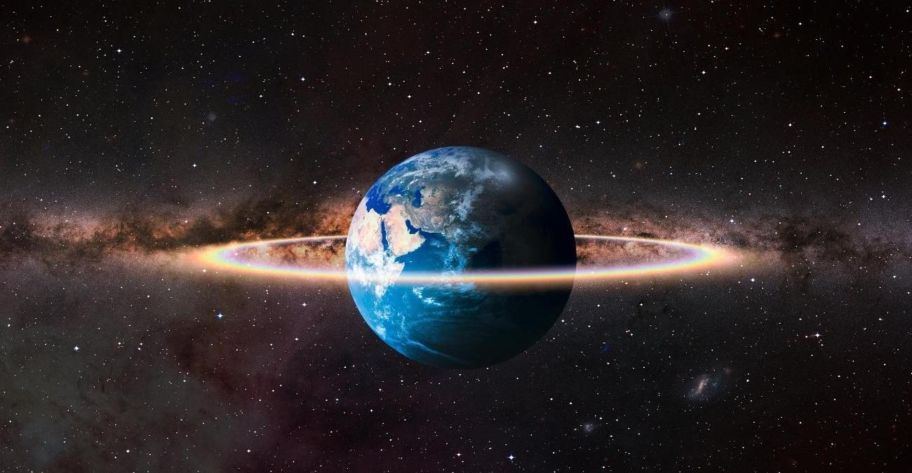 Der Planet Erde aus dem Weltall, umgeben von einem Regenbogen. Sinnbild für das Payload Data Ground Segment, das die Nutzdaten eines Erdbeobachtungssatelliten empfängt, prozessiert und an die Nutzer verteilt.