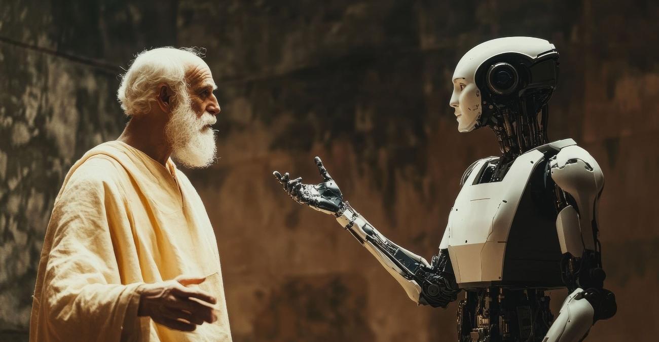 Ein Philosoph in Toga unterhält sich auf Augenhöhe mit einem humanoiden Roboter – ein Sinnbild dafür, wie bewährte Legacy-Systeme und moderne KI bei der Modernisierung zusammenfinden.