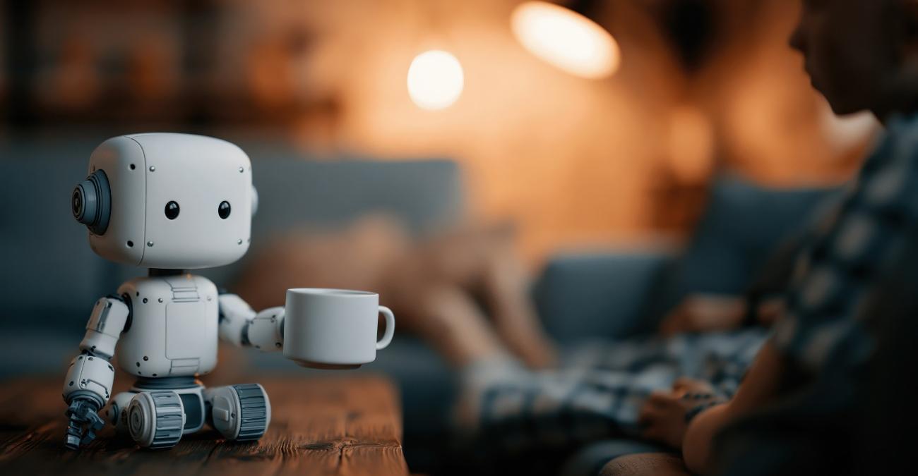 Ein kleiner weißer Serviceroboter reicht an einem warm beleuchteten Schreibtisch eine Tasse, im Hintergrund sitzt eine erwachsene Person auf dem Sofa. Ein Sinnbild dafür, wie sich KI datenschutzkonform nutzen lässt – auch dort, wo künstliche Intelligenz nah an persönlichen Daten und am Alltag agiert.