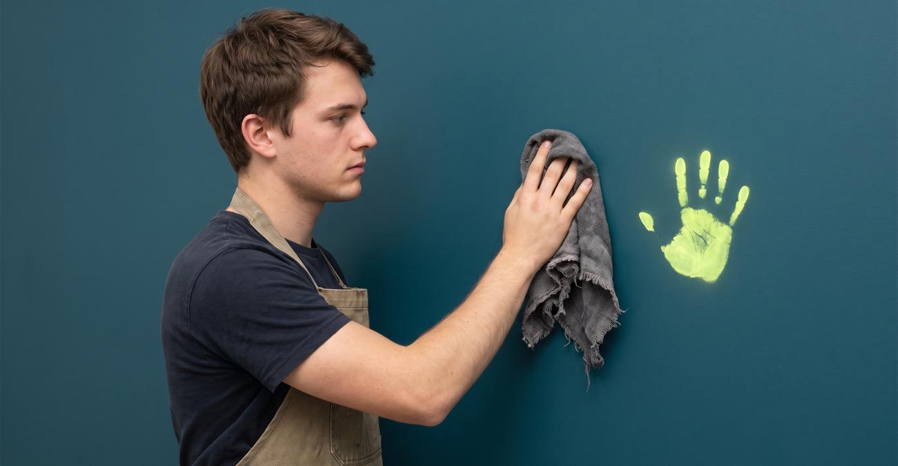 Ein junger Mann wischt mit einem Tuch an einer Wand, während ein gelbgrüner Handabdruck daneben unberührt bleibt. Sinnbild für Revisionssicherheit, bei der nichts überschrieben wird.