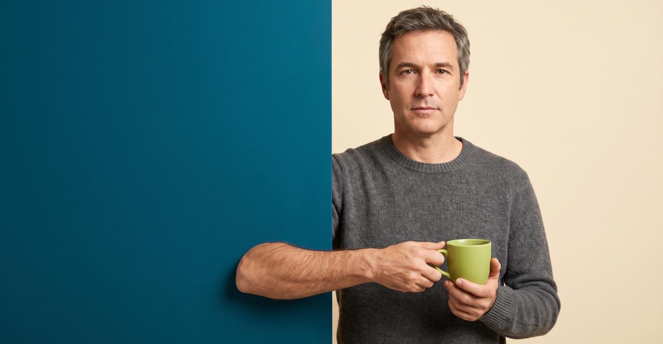 Ein Mann greift mit dem Unterarm in eine glatte blaue Fläche und hält in der anderen Hand eine gelbgrüne Tasse. Sinnbild für ein Dokumentenmanagementsystem, das genau ein Dokument zurückliefert.