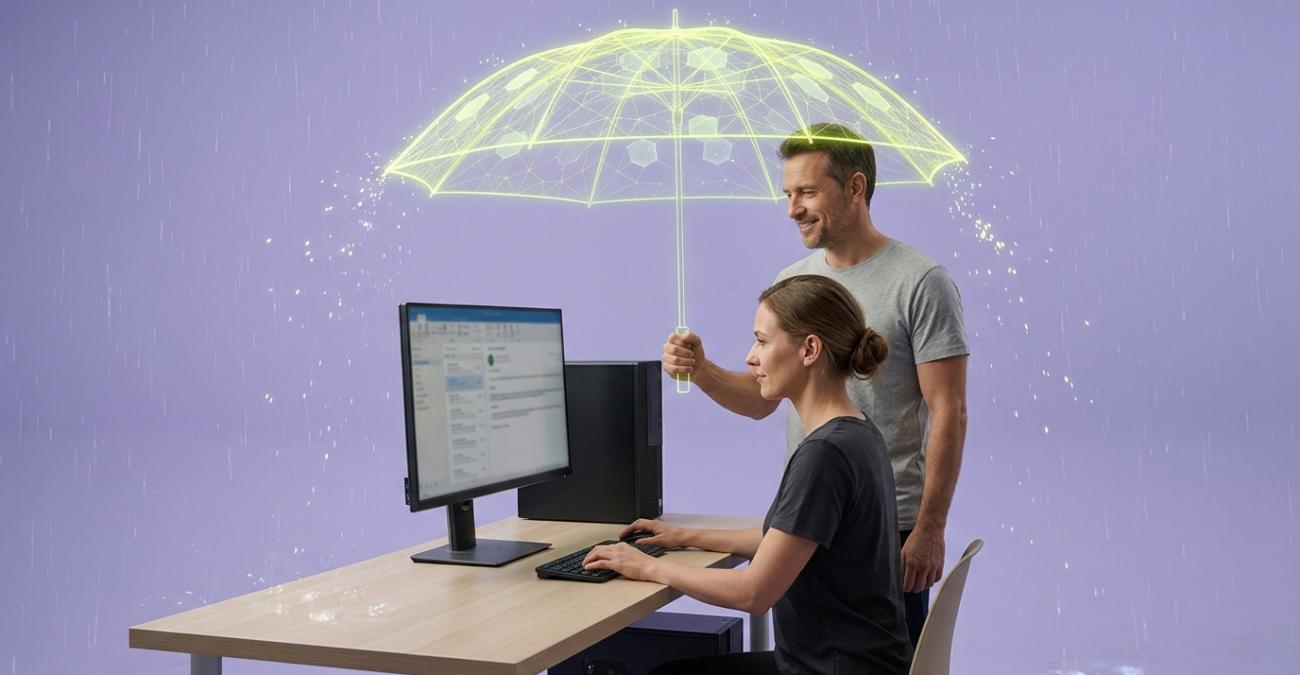 Eine Frau arbeitet an einem Schreibtisch mit Rechner und Monitor, hinter ihr hält ein Kollege einen leuchtend gelbgrünen, digitalen Schirm aus Lichtlinien über den ganzen Arbeitsplatz, während ringsum Regen fällt. Sinnbild dafür, dass Hersteller mit der neuen Produkthaftung Verantwortung für die Sicherheit ihrer Software übernehmen.